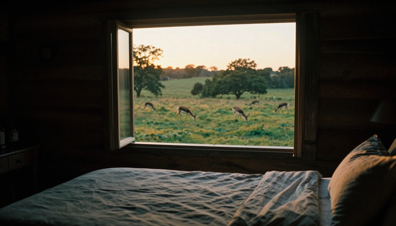 Chambre d'un lodge en bois avec grande baie vitrée donnant sur un enclos d'antilopes au lever du soleil