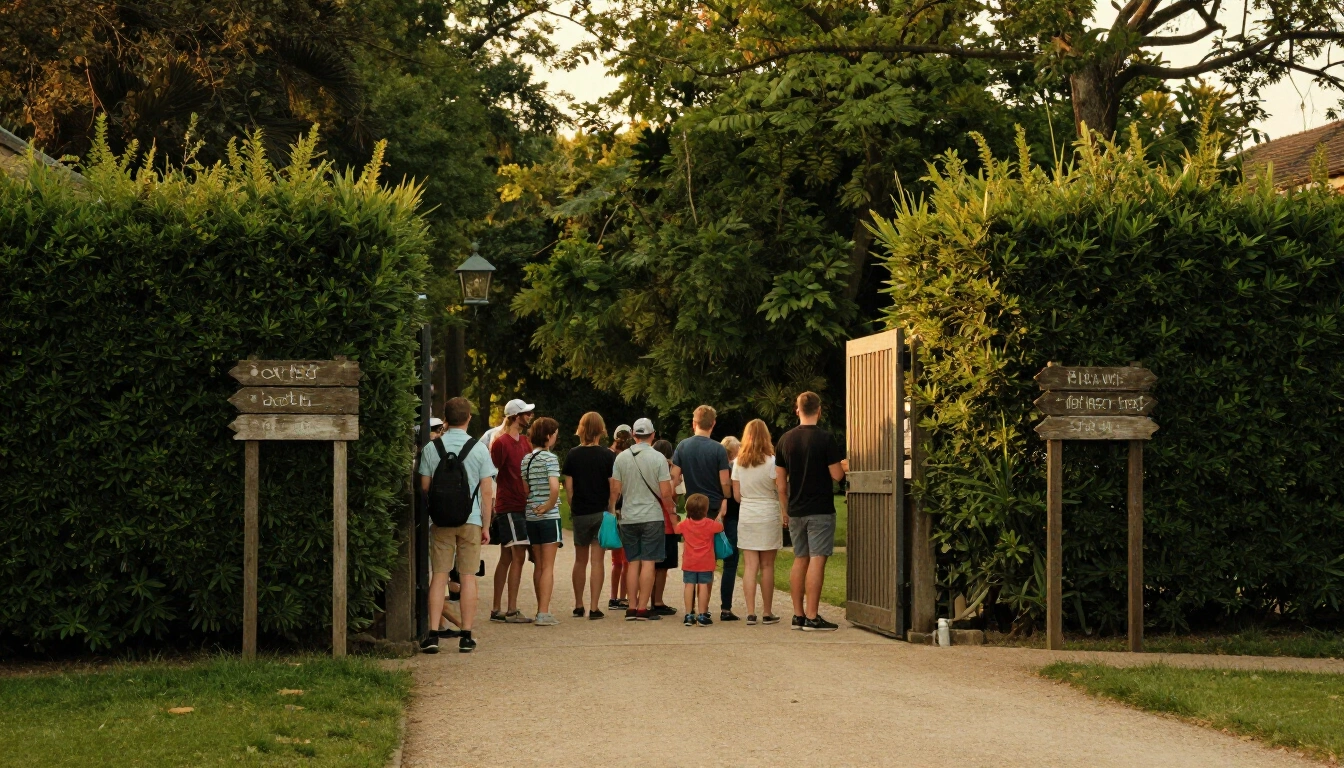 Entrée du parc Lomic Le à l'ouverture avec une file courte de familles et des panneaux en bois
