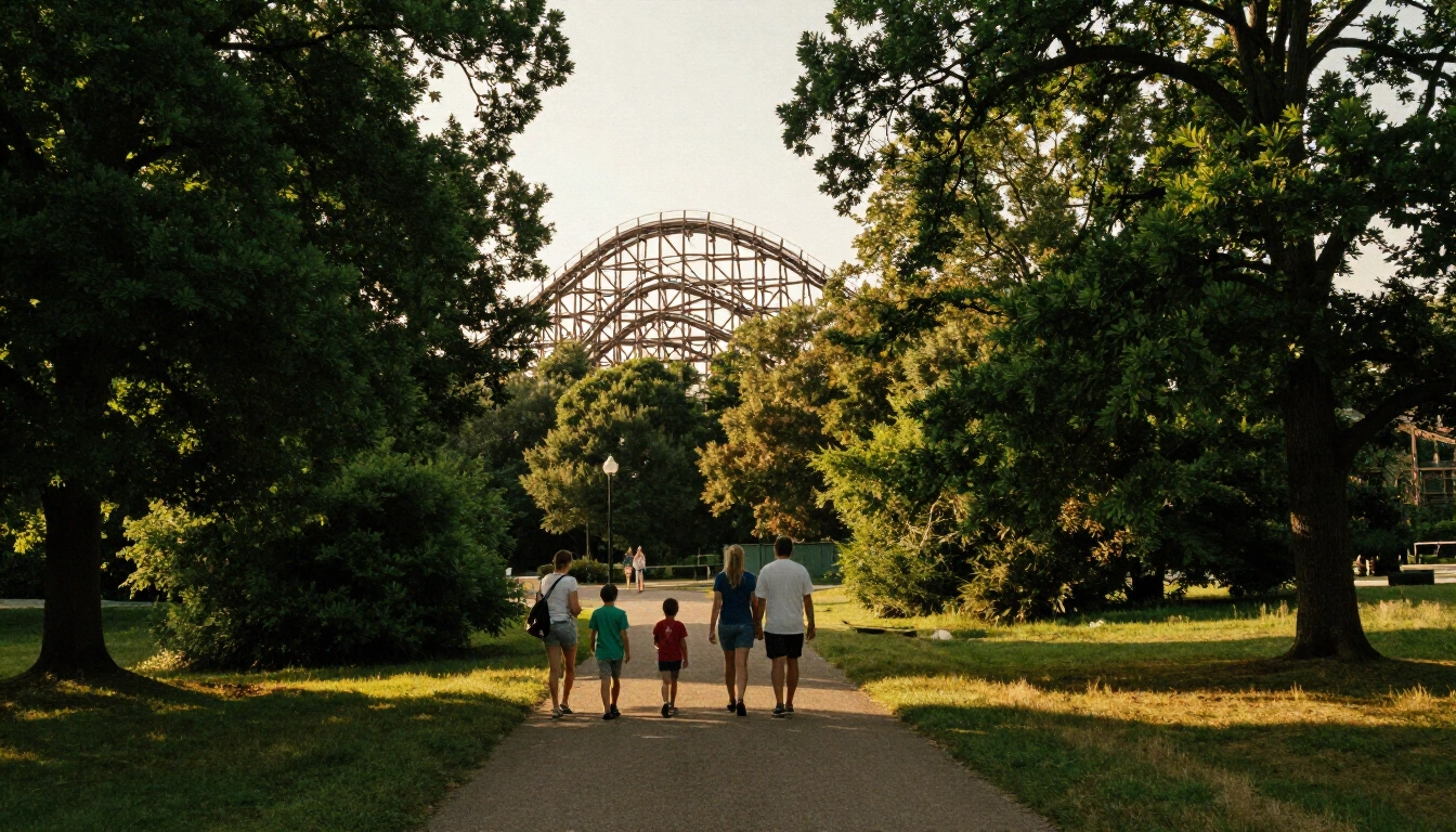 Famille marchant sur une allée bordée d'arbres vers les montagnes russes en bois du parc Lomic Le