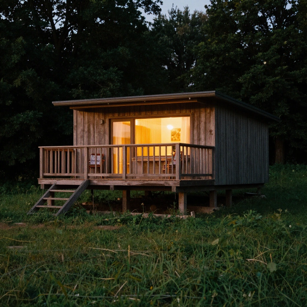 Lodge en bois sur pilotis face à une prairie au crépuscule avec terrasse et fauteuils