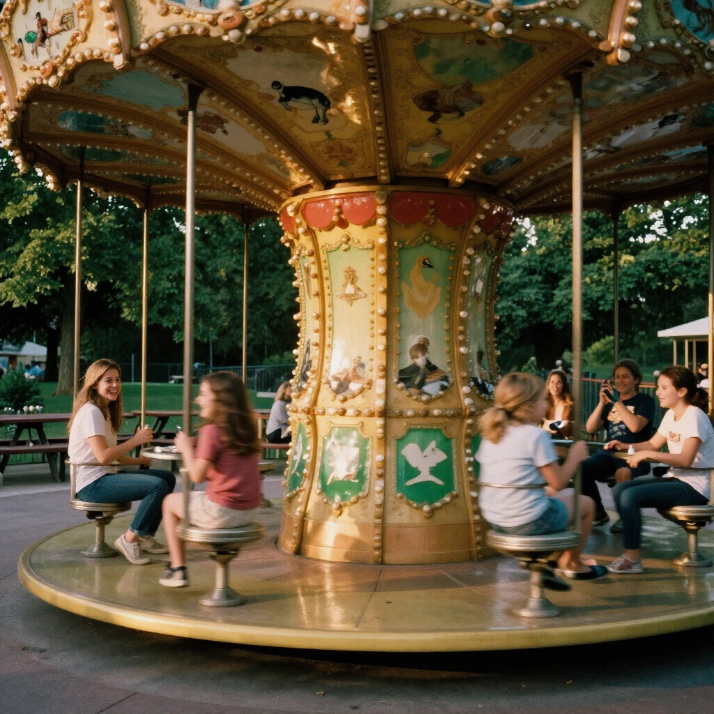Manège de tasses tournantes aux panneaux ambre et vert avec des familles qui rient