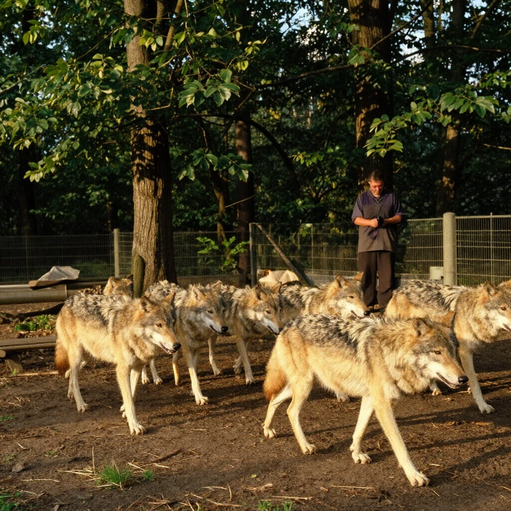 Meute de loups gris traversant un enclos boisé au moment du nourrissage