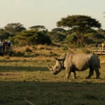 Rhinocéros blanc traversant la plaine africaine devant une passerelle en bois surélevée