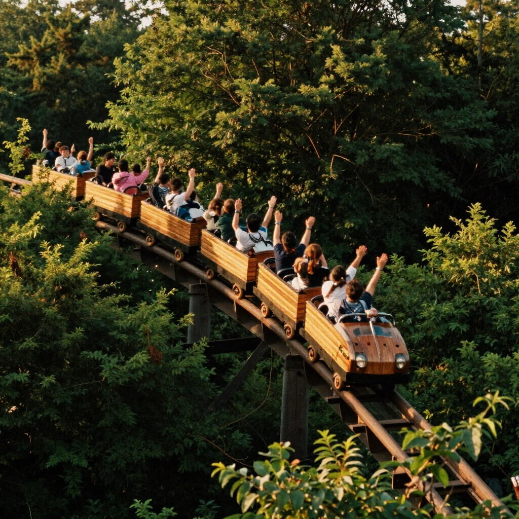 Train de montagnes russes en bois franchissant une descente au dessus des arbres du parc