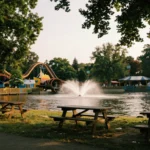 Vue large du parc au bord du lac avec les Tonneaux de la Besbre et des tables de pique-nique